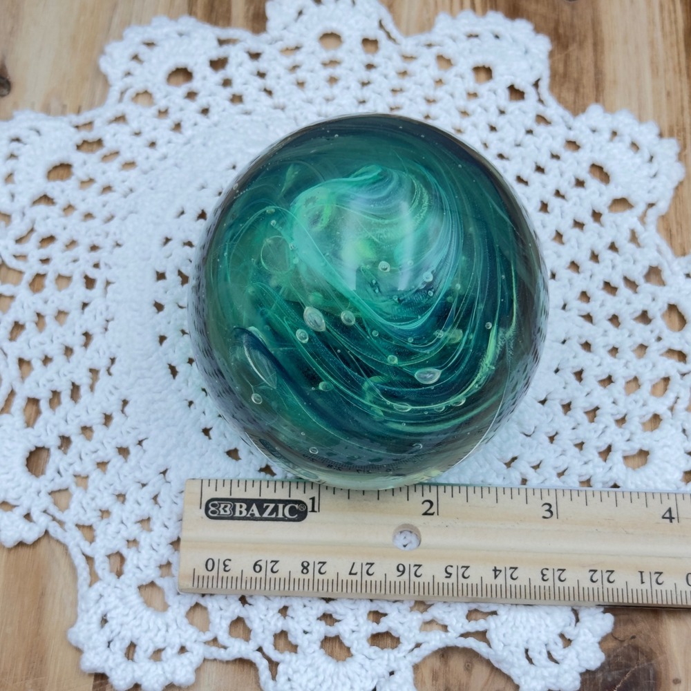 Round Art Glass Paperweight Green Teal Swirl Controlled Bubble Egg Orb 3" Decor - Picture 13 of 13